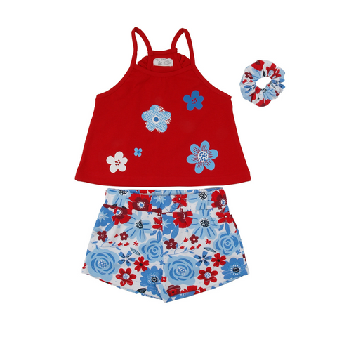 Conjunto Babybol short blusa sin mangas y accesorio cabello floral rojo niña