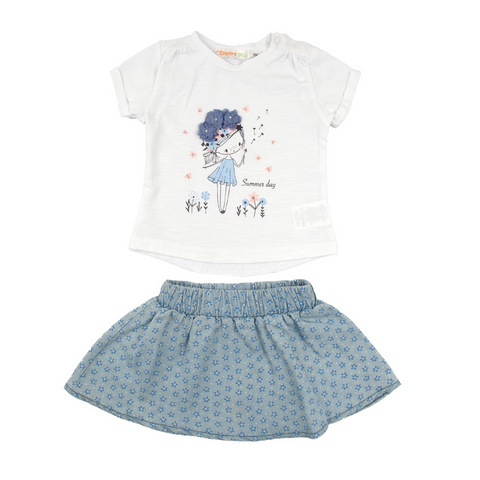 Conjunto Babybol falda acampanada y blusa manga corta blanco niña