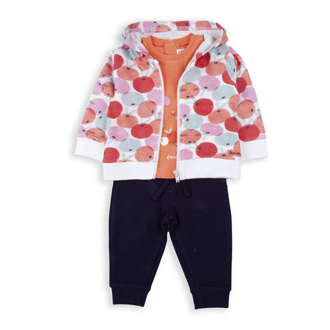 Conjunto Baby Bol 3 piezas: blusa manga corta, Jogger y chaqueta con zipper estampada multicolor de algodón para niña