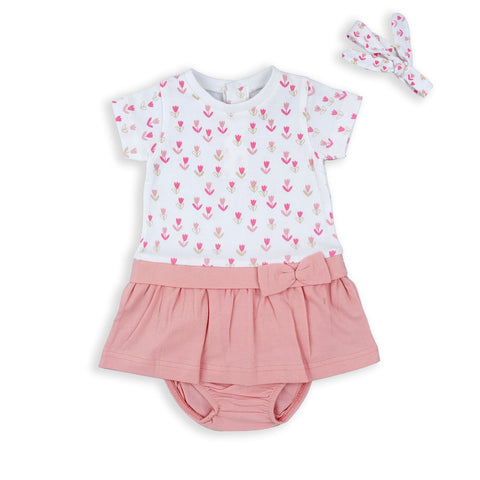 Conjunto Baby Bol 3 piezas: Vestido manga corta con moño en la cintura, calzoncito y accesorio para el cabello de algodón color rosado estampado para niña