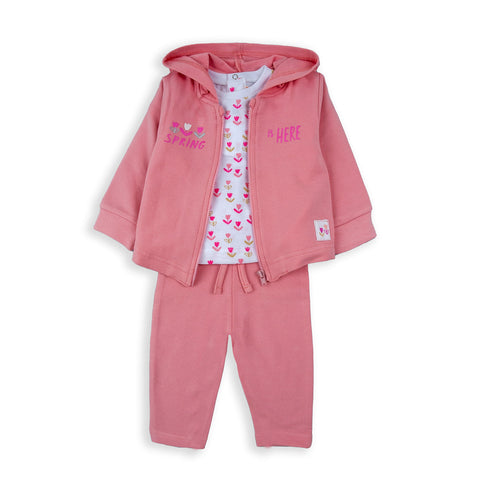 Conjunto Baby Bol 3 piezas: blusa manga corta con estampado, pantalon y sudadero con capucha y zipper color rosado de algodón para niña