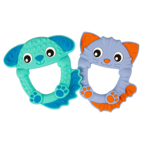 2 Pack mordedores de silicona Playgro con forma de gatito, multicolor.