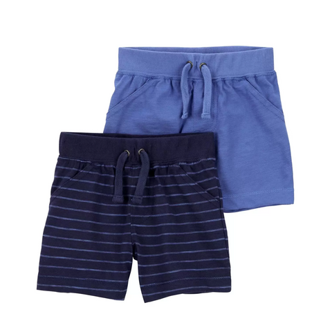 Paquete de 2 shorts Carters con pita en la cintura liso y rayado azul niño