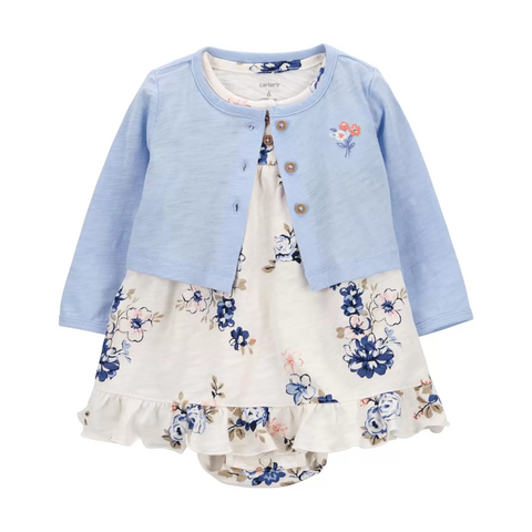 Carters Vestido sin manga con calzoncito floral y suéter celeste niña