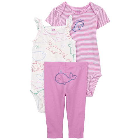 Conjunto 3 piezas Carters 2 bodies y leggings ballena rosado niña