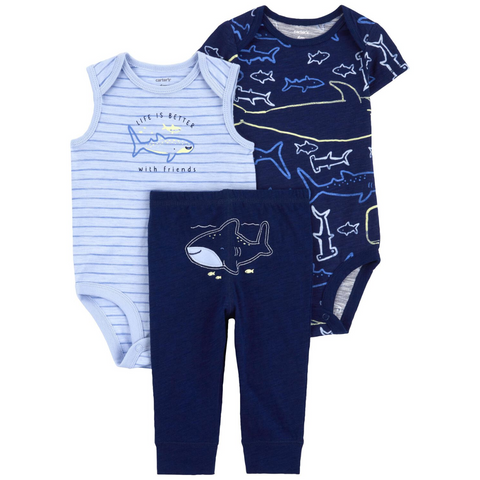 Conjunto 3 piezas Carters 2 bodies y pantalon ballena azul marino niño