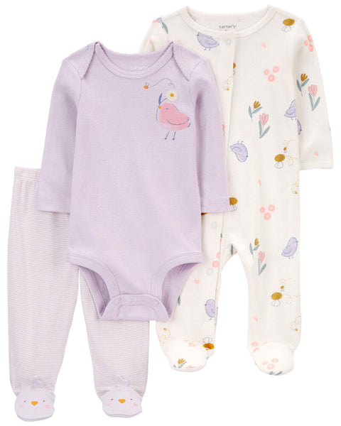 Conjunto Carters Baby 3 piezas Pijama,Body y Pantalon diseño Pajaro morado para niña