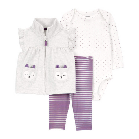 Conjunto Carters 3 piezas body con diseño puntos manga larga, chaleco diseño de zorro, pantalón rayado purpura para niña