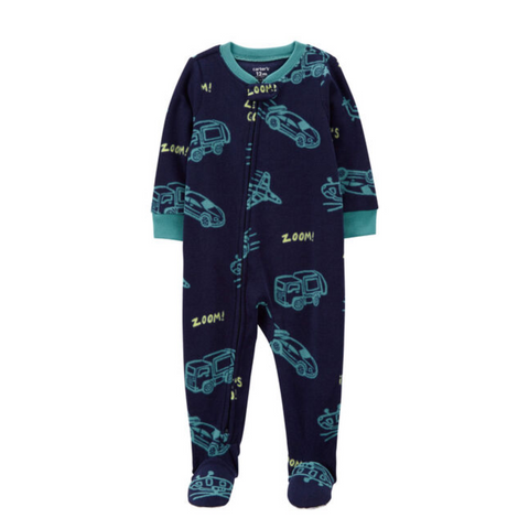 Pijama Carters fleece con pies y zipper doble al frente diseño de carros azul para niño