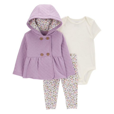 Conjunto Carters 3 piezas body manga corta, Chaqueta con capucha y pantalon floreado purpura para niña