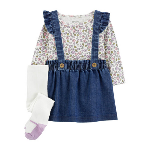 Conjunto Carters 3 piezas blusa estampado de flores manga larga, jumper de lona azul y medias para niña