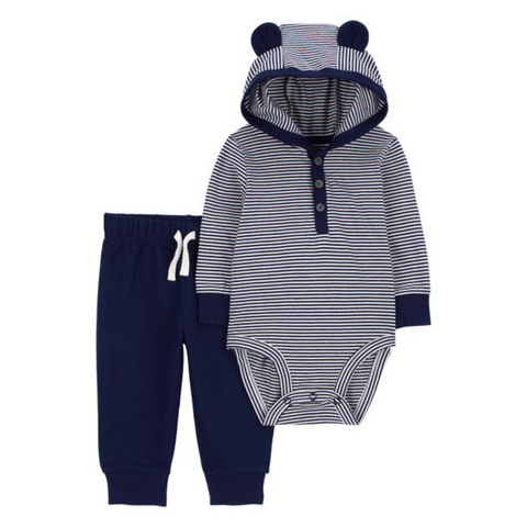 Conjunto Carters 2 piezas body rayada con capucha y orejitas manga larga rayada y pantalón azul para niño