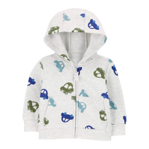 Cardigan Carters con capucha estampado de carros con zipper y bolsas al frente blanco para niño