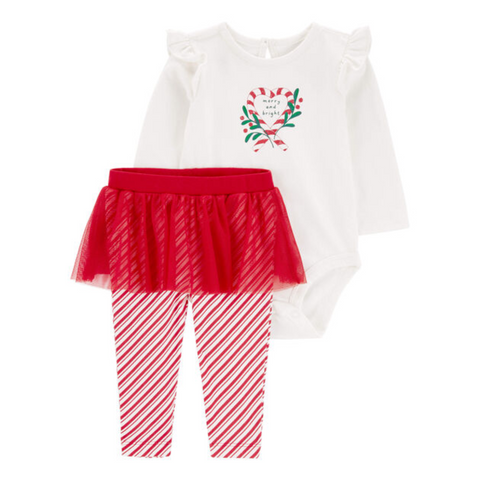 Conjunto 2 piezas Carter's body manga larga diseño navideño y pantalon con tutú rayas rojas para niña