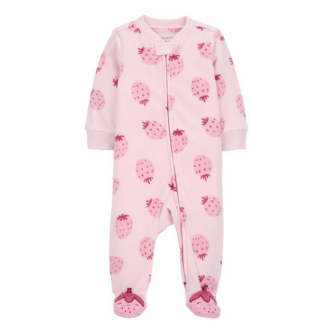 Pijama Carters fleece con pies y zipper doble al frente diseño de fresas color rosado para niña