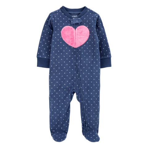 Pijama Carters fleece con pies y zipper doble al frente diseño de puntos y corazon azul para niña