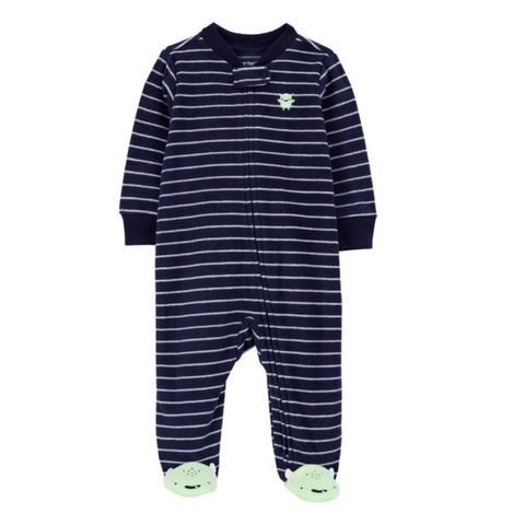 Pijama Carters fleece con pies y zipper doble al frente diseño monster rayada azul para niño