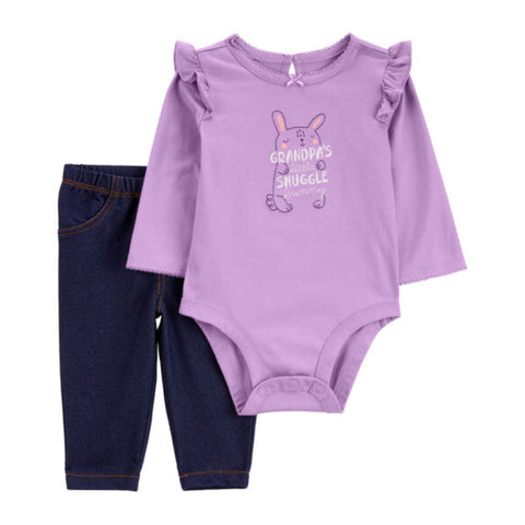 Conjunto Carters 2 piezas body manga larga morada con diseño y pantalon estampado azul para niña