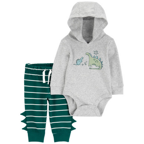 Conjunto 2 piezas Carter's sudadero con Capucha diseño de dinosaurio y pantalón de rayas y con aplicaciones para niño