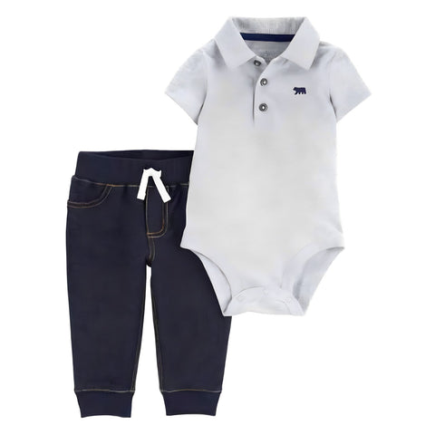 Conjunto Carters 2 piezas body tipo polo gris y pantalon azul para niño