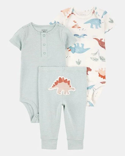 Conjunto Carters 3 piezas:2  body manga corta y pantalon diseño de dinosaurios para niño