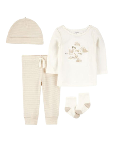 Conjunto Carters 4 piezas: camisa manga larga, pantalón, gorrito y calcetines con diseño blanco unisex