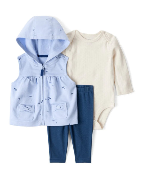 Conjunto Carters 3 piezas chaleco con capucha, body manga larga y leggins multicolor para niña