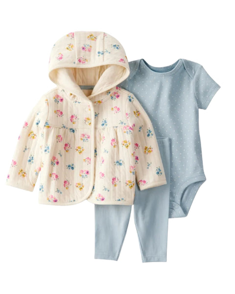 Conjunto Carters 3 piezas: chaqueta con capucha y botones, body manga corta y pantalón multicolor para niña