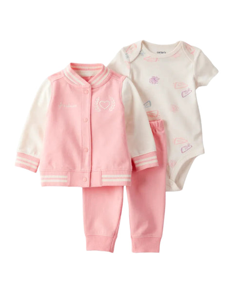 Conjunto Carters 3 piezas: chaqueta con brochces, body manga corta y pantalón multicolor para niña