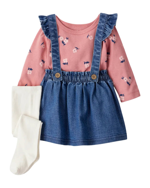 Conjunto Carters 3 piezas: Jumper con bolsitas y vuelitos en los tirantes, body manga larga y mallas para niña