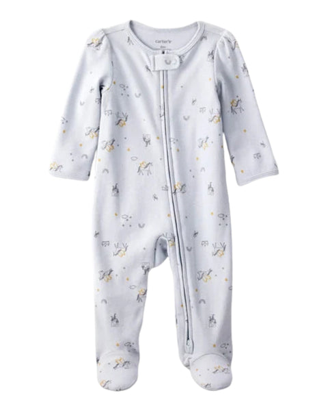 Pijama Carters con pies y zipper estampado color celeste de interlock para niña