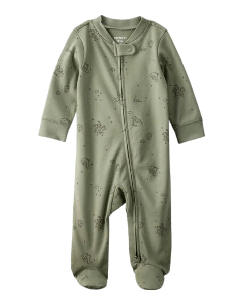 Pijama Carters con pies y zipper estampado color verde de interlock para niño