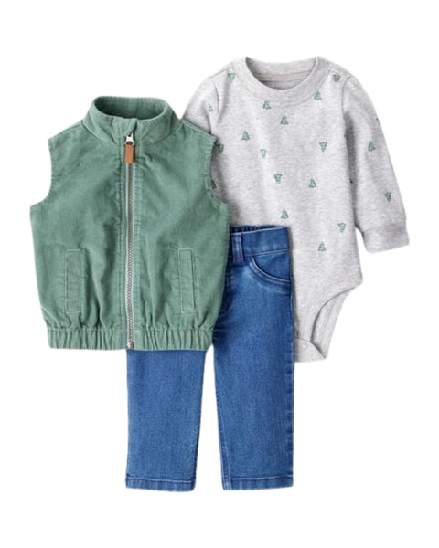 Conjunto Carters 3 piezas chaleco con zipper y bolsas, body manga larga y pantalón multicolor para niño