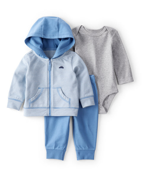 Conjunto Carters 3 piezas: sudadero con capucha y zipper, body manga larga y joger multicolor de french terry para niño