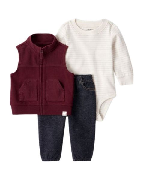 Conjunto Carters 3 piezas: chalecocon zipper, body manga larga y pantalón multicolor para niño
