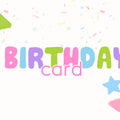 Primer plano de la Tarjeta de Regalo Birthday Card, diseño de cumpleaños con letras coloridas