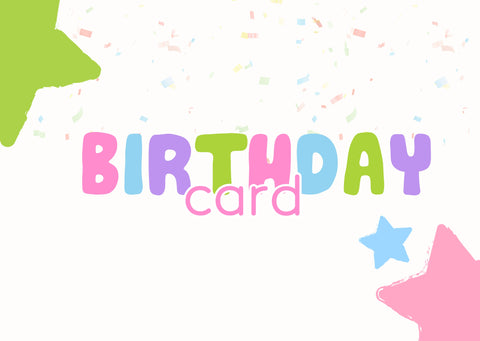 Primer plano de la Tarjeta de Regalo Birthday Card, diseño de cumpleaños con letras coloridas