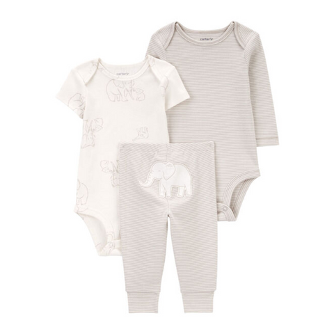 Conjunto Carters Baby 3 piezas 2 bodys y pantalon diseño de Elefante unisex