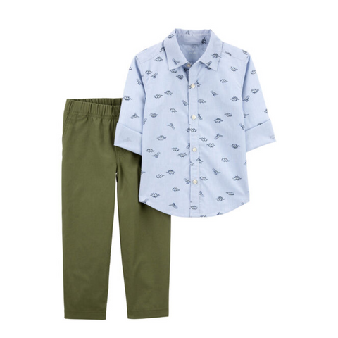 Conjunto Carters Playwear 2 piezas camisa celeste con diseño y botones en la parte delantera y pantalón con bolsas y cinturon elastico verde niño