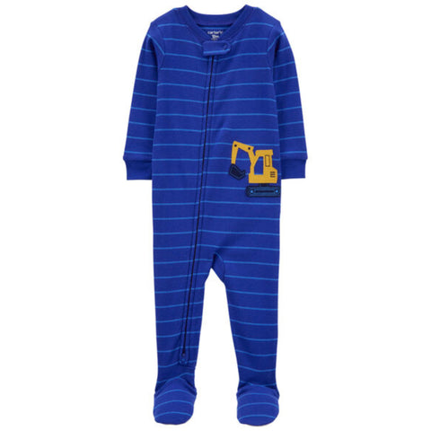 Pijama Carter's con pies y zipper de dos vias diseño de construcción azul rayada, para niño.