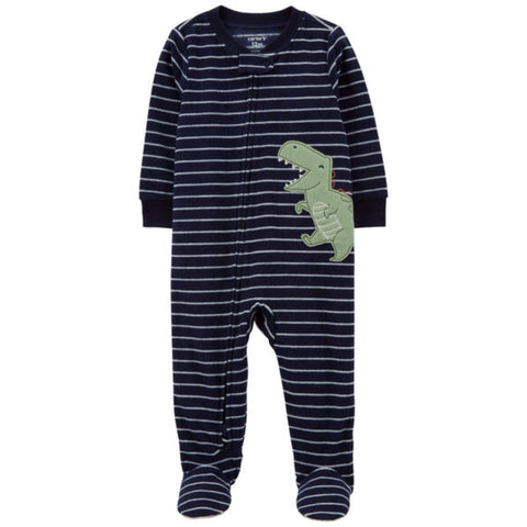 Pijama Carter's con pies y zipper diseño de dinosaurio azul de rayas, para niño.