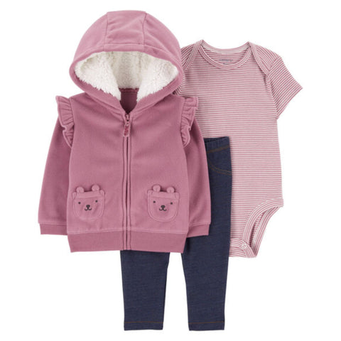 Conjunto 3 piezas Carter's body manga corta rayada, chaqueta con capucha rosado y jeggings para niña