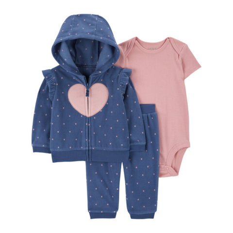 Conjunto Carters 3 piezas body manga corta rosado, sudadero con capucha azul diseño de corazon y jogger