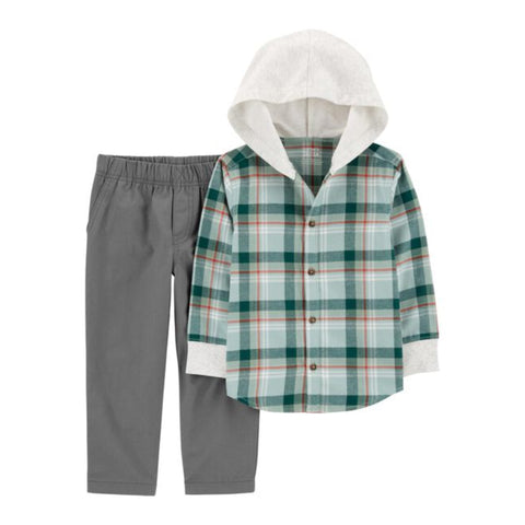 Conjunto Carters 2 piezas camisa con capucha a cuadros y pantalón con elastico en la cintura verde para niño