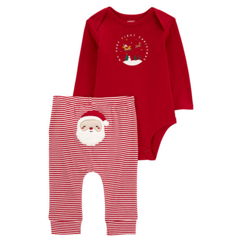 Conjunto 2 piezas Carter's body manga larga diseño navideño y pantalón con rayas rojas para niño.