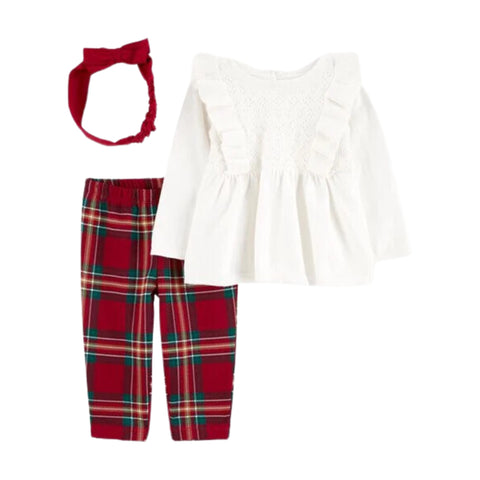 Conjunto Carters 3 piezas blusa de manga larga, leggings a cuadros y un pañuelo para la cabeza rojo para niña