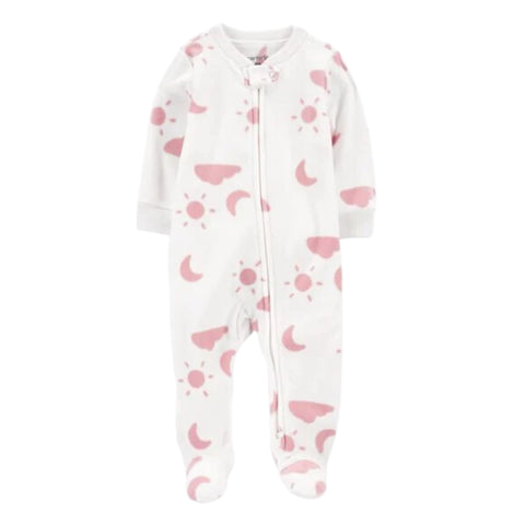 Pijama Carters con pies, zipper de dos vias blanca, diseño rosado de sol, nuve y luna para niña