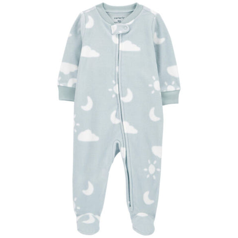 Pijama Carter's con pies, zipper de dos vias gris, diseño blanco de sol, nubes y luna para niña