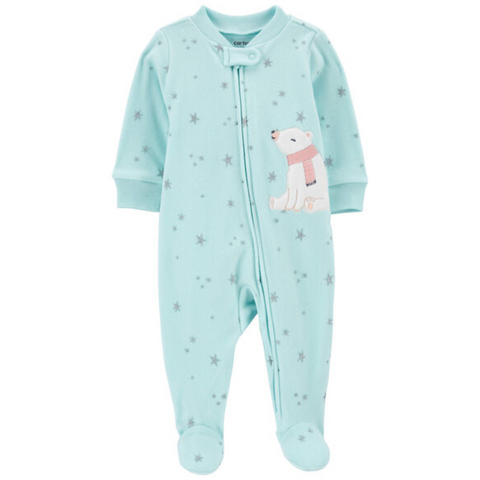 Pijama Carter's con pies, zipper de dos vias celeste, diseño de oso polar para niña