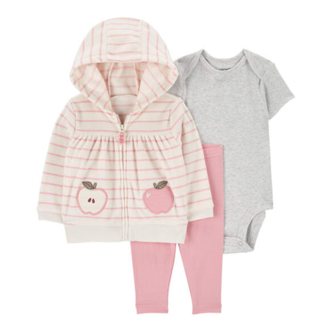 Conjunto 3 piezas Carter's body manga corta gris, chaqueta con capucha rayada con diseño de manzana y pantalón rosado para niña